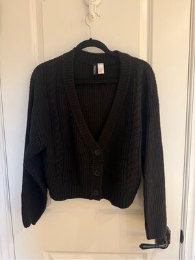 Black Cable-Knit Button Cardigan Sweater